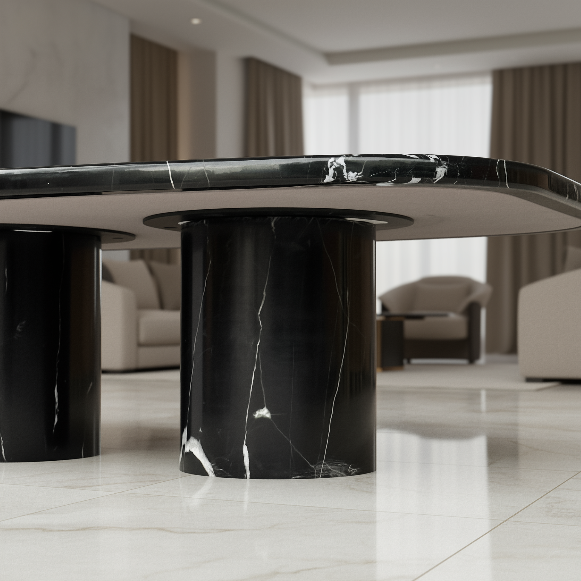 Black marble coffee table in a modern living room setting