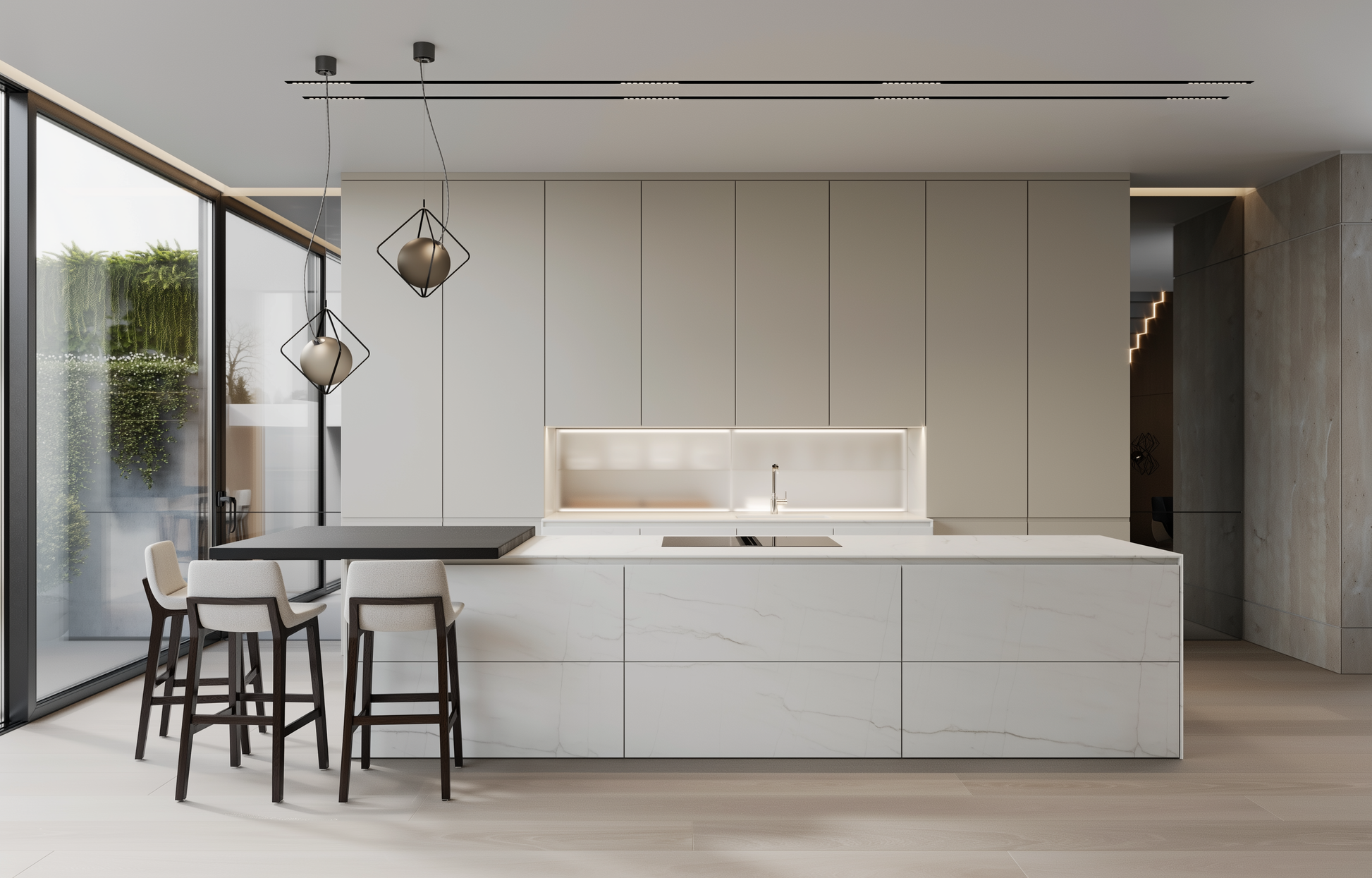 Modern kitchen with white island and bar stools near a glass door.