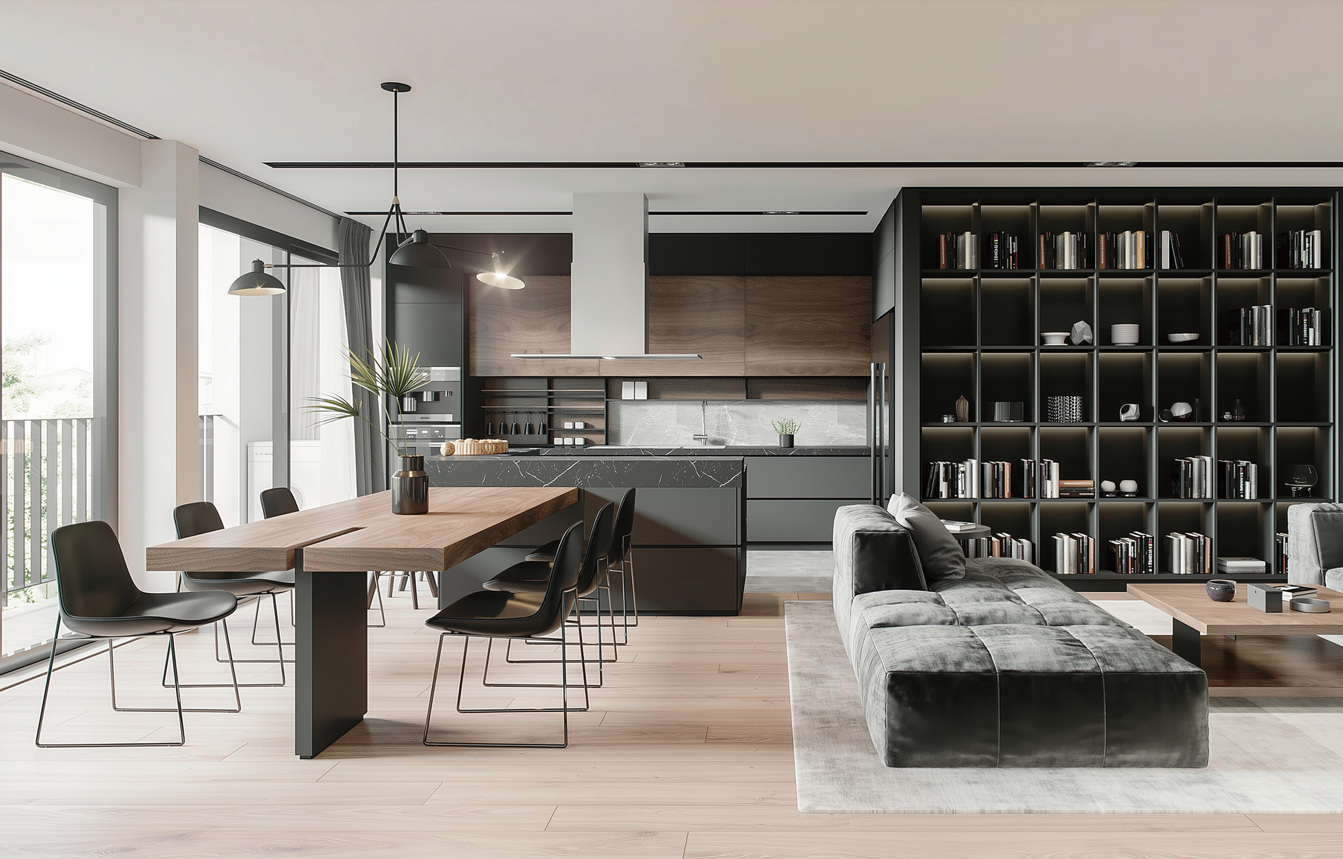 Modern living room with a dining table and kitchen in a well-lit space.
