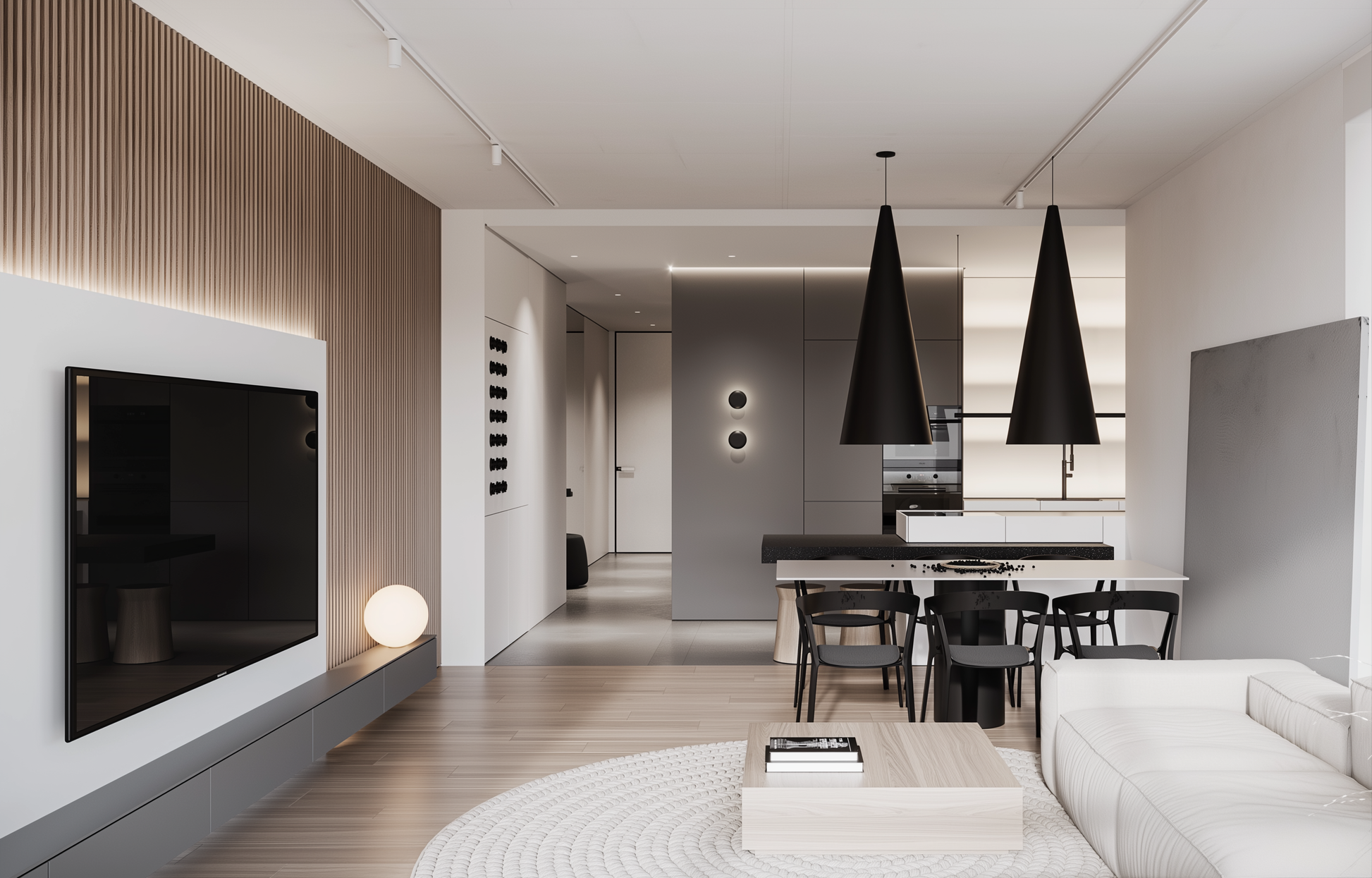 Modern living room with a television, sofa, and dining area.